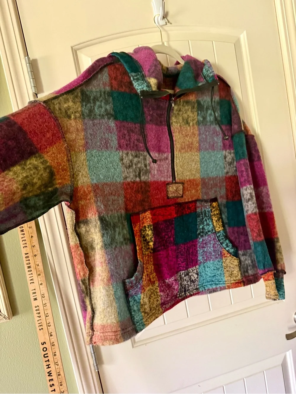 Plaid Multicolor Half-Zip Hoodie Sweatshirt - Pink Teal Mustard - Picture 3 of 15